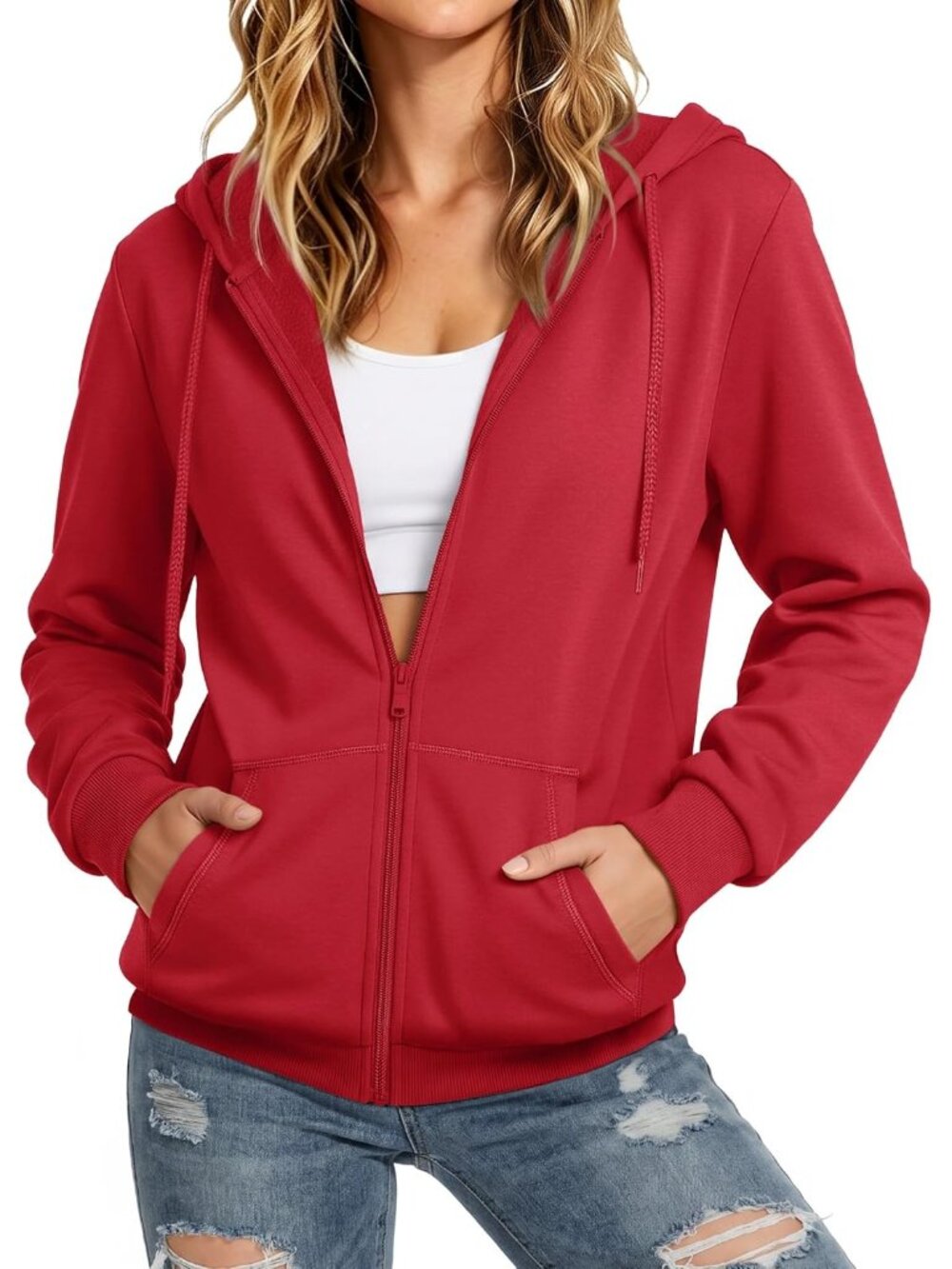 〽️Women's Red Zip Up Fleece Lined Sweatshirt Casual Outerwear Jacket Hooded